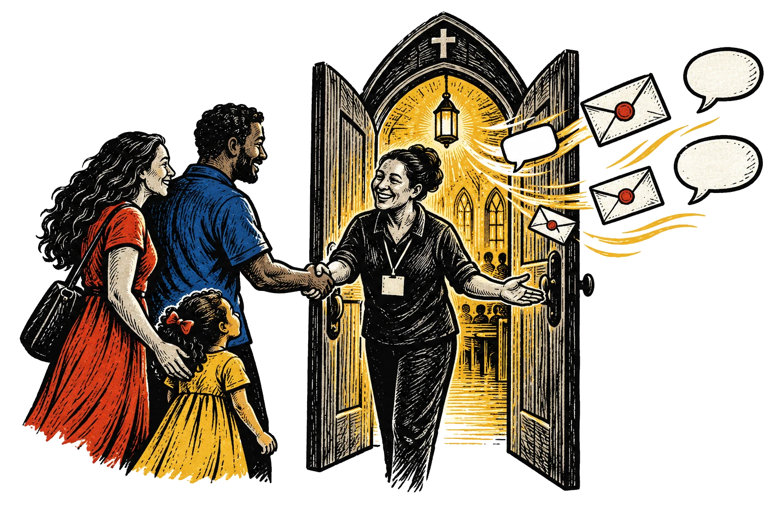Gravura: na porta aberta da igreja, uma voluntária recebe uma família com um aperto de mão; da porta saem voando cartas e balões de conversa